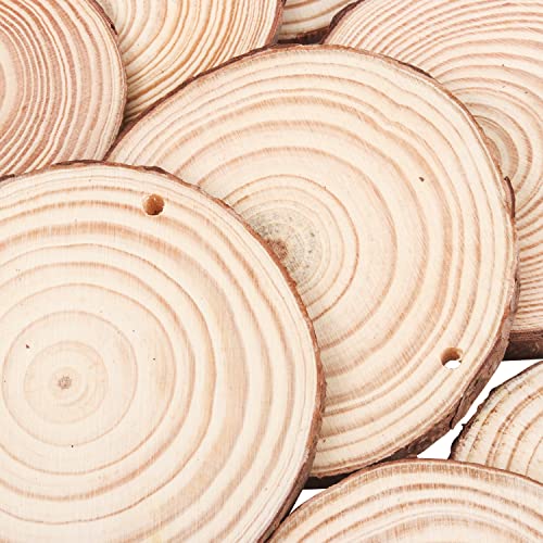 Natural Wood Slices 32 Pcs 2.75-3.14 Inches Unfinished Craft Wood kit Predrilled with Hole Wooden Circles Tree Slices for Arts and DIY Crafts MSDADA
