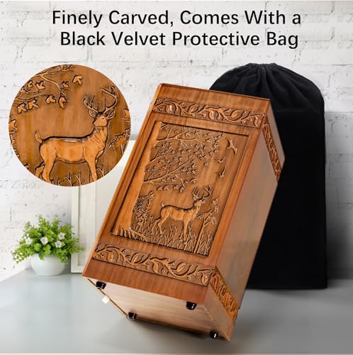 Handmade Wooden Urn for Human Ashes, Urns for Adults Male Female, 250lbs Engraved Burial Cremation Urns for Ashes Men Women(Deer) Aioguisn