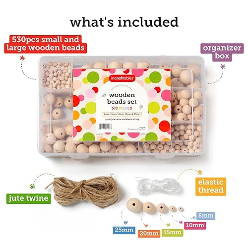 Incraftables Natural Wooden Beads for Crafts 530pcs (8mm, 10mm, 15mm, 20mm & 25mm). Best Wood Beads for Crafts with Holes. Bulk Unfinished DIY Large Incraftables