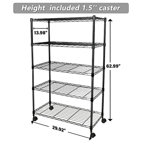 YSSOA Heavy Duty 5-Shelf Shelving Unit, 29.92" D x 13.98" W x 62.99" H, 5 Tier, Black, 1 Pack YSSOA