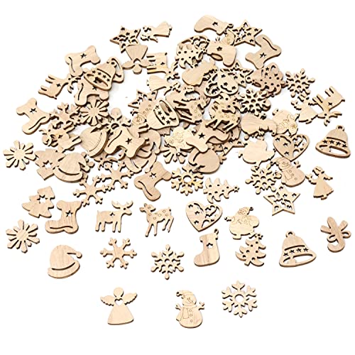 yueton 100PCS Mini Christmas Tree Snowflakes Stars Moose Bells Hats Socks Angels Christmas Unfinished Blank Wood Pieces Wood Slices Wood Chips yueton