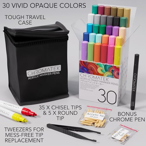 CHROMATEK Dual Tip Acrylic Paint Pens for Rock Painting, Stone, Ceramic, Glass, Wood - 30 Vibrant Solid Colors - Waterproof, Quick Drying, Never Fade CHROMATEK