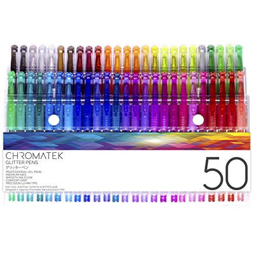 CHROMATEK Glitter Pens 100 Set Best Colors. 200% The Ink: 50 Gel Pens, 50 Refills. Super Glittery Ultra Vivid Colors. No Repeats. Professional Art CHROMATEK