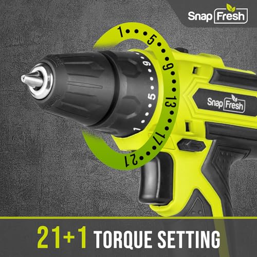 SnapFresh Cordless Drill - 20V Cordless Drill with Battery and Charger, Power Drill Set with 2 Variable Speed, 21+1 Torque Setting, Lightweight, LED, SnapFresh