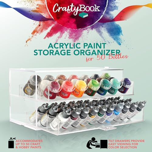 CraftyBook Acrylic Paint Storage Organizer - 50 Bottle Miniature, Hobby, Enamel, Model Paint Holder - 2 Drawer Clear Acrylic Craft Storage - Desktop CraftyBook