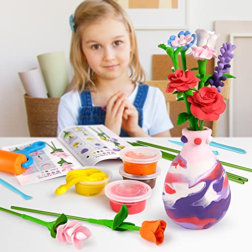 Drama Planet Flower Craft Kit for Kids, Make Your Own Flower Bouquet with Air Dry Clay, Arrange Clay Flowers & Create Personalized Art, Great Gifts Drama Planet