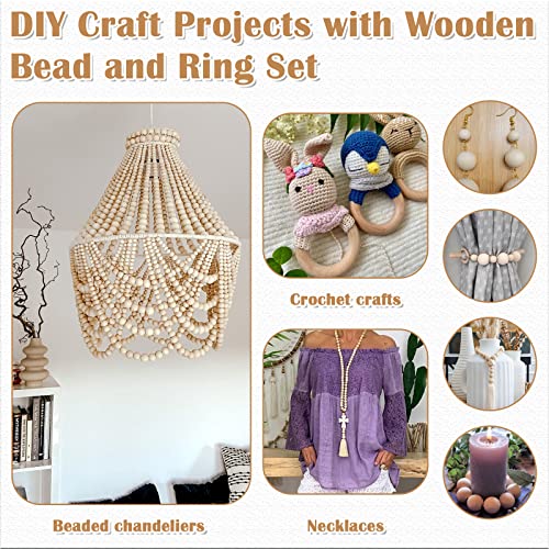 Wooden Beads for Crafts, 660 Pcs Natural Loose Wood Beads Rings Bulk Include Unfinished Beads with Holes, Smooth Wooden Ring, Polygon Spacer Beads Lucomb