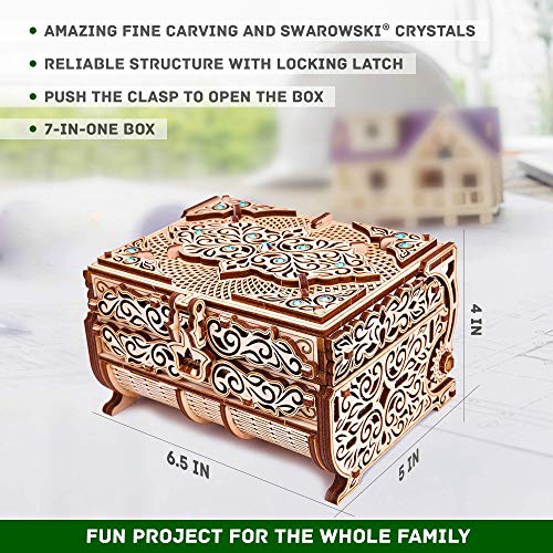 Wood Trick Treasure Box 3D Wooden Puzzle for Adults and Kids to Build - Cute & Neat Design - with Shimmering Crystals - Store Your Jewelry - DIY Gift Wood Trick