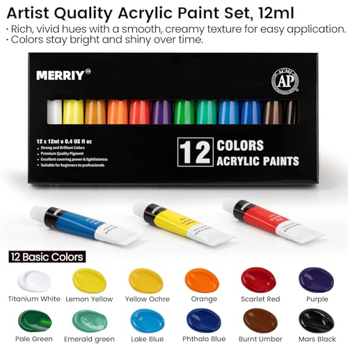 MERRIY 29-Piece Acrylic Paint Set, Painting Supplies Kit with Tabletop Sketch Box Easel, 12 Colors Acrylic Paints,10"x 12" Stretched Canvas,Premium MERRIY