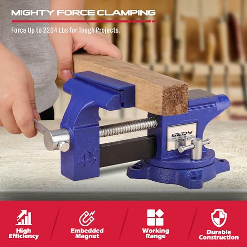 Heavy Duty Bench Vise 4.5 Inch: Table Clamp Woodworking Vice Press Drill Tools Workbench Wood Metal Pipe Work Shop Block Swivel Slide Cross Welding SEDY