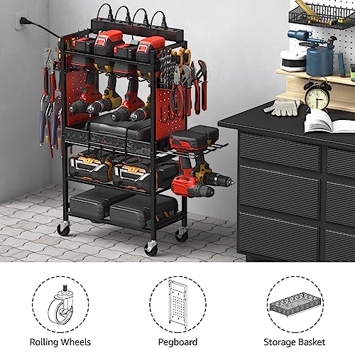 CCCEI Power Tool Organizer Cart with Charging Station, Garage Floor Rolling Storage Cart on Wheels for Mechanic, Mobile 6 Drill, Tool Box Utility CCCEI