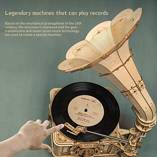 ROKR 3D Wooden Puzzles Gramophone for Adults - DIY Mechanical Model Kit 1:1 Replica Record Player Support 7"/10" Vinyl Premium Gift Hobbies for ROKR