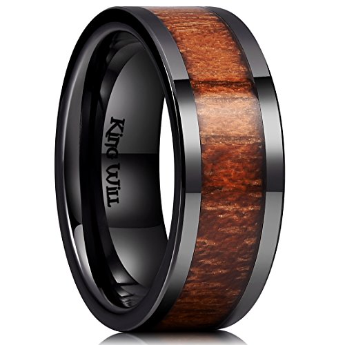 King Will NATURE 8mm Black Koa Wood Ceramic Ring Wedding Band Polished Finish Comfort Fit Flat Style10.5 King Will
