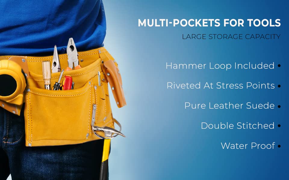 Virtionz 11 POCKET LEATHER TOOL BELT for Carpenter, Construction Pouch, Framers, Handyman, Electrician, Brown color, belts adjusts from 33'' up to VIRTIONZ MWIRE