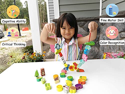BMTOYS Montessori Educational Threading Toys Wooden Stringing Farm Animals Fruits Lacing Beads Preschool Toy for Toddler 3 4 5 Year Old Boys Girls BMTOYS