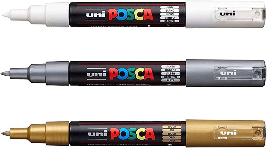 Posca PC-1M Paint Art Marker Pens - Fabric Glass Metal Pen - Set of White + Gold + Silver (1 of Each)