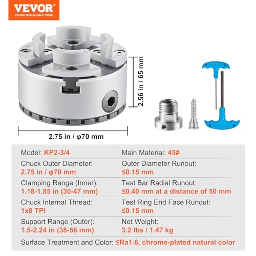 VEVOR KP2-3/4 Lathe Chuck, 4-Jaw 2.75" Diameter, Metal Lathe Chuck Turning Machine Accessories, Self-centering Tool, for Lathe, Precision Machining, VEVOR