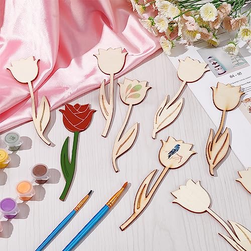 NBEADS 60 Pcs 3 Styles Wood Flower Cutouts, 6×2×0.1"(15.1×4.95×0.25cm) Unfinished Wooden Cutouts Rose Shape Blank Spring Flower Wood Slices Pieces NBEADS