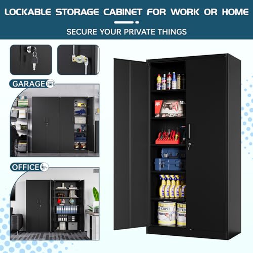 MIIIKO Metal Storage Cabinet with Locking Doors, Black Garage 5 Shelves, 18'' Deep Locker for Garage, Industrial, Commercial, Workshop and Basement MIIIKO