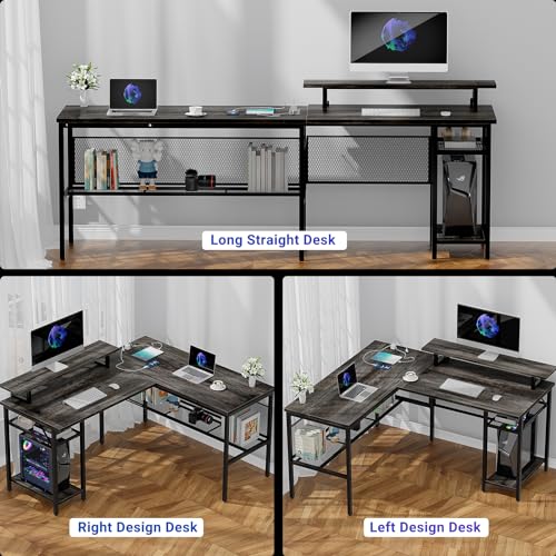 L-Shaped Ergonomic Computer Desk with Smart LED Lights and Versatile Power Outlets iSunirm