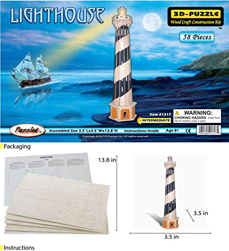 Puzzled 3D Puzzle Lighthouse Set Wood Craft Construction Model Kit, Fun & Educational DIY Wooden Toy Assemble Model Unfinished Crafting Hobby Puzzle Puzzled