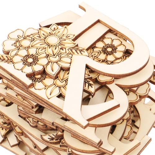 Tofficu Mini Unfinished Wood Alphabet Letters 26pcs Unfinished Mini Blank Wood Letter with Flower for Home Decor, Spelling Education, DIY Homemade Tofficu