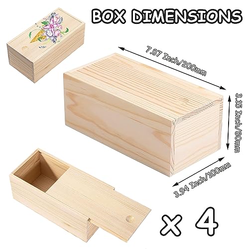 RHBLME 4 Pack Unfinished Wood Box with Sliding Lid, 7.87" x 3.94" x 3.15" Wooden Keepsake Box Storage Box, Rustic Wood Gift Boxes for Art Hobbies RHBLME