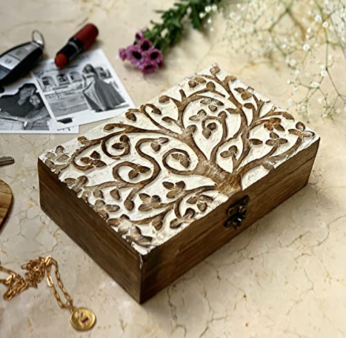 Great Birthday Gift Handmade Decorative Wooden Jewelry Box With Tree Of Life Carving Jewelry Organizer Keepsake Box Treasure Chest Trinket Holder The Great Indian Bazaar