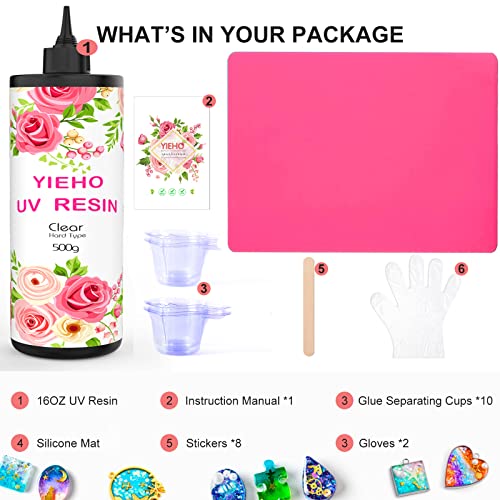 YIEHO 500g UV Resin Kit-Bulk Crystal Clear Hard UV Fast Curing Epoxy Resin Supplies with Mat for Craft Jewelry Making YIEHO