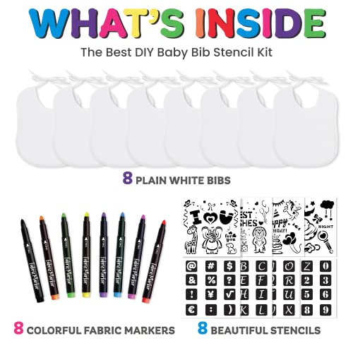 Baby Bibs Set - 2 Ply Knit Terry Solid White Feeder Bibs - Kit Includes, 8 Bibs, 8 Fabric Markers, 8 Stencils, - Baby Gifts - Registry For Baby - KOOL KRAFTS
