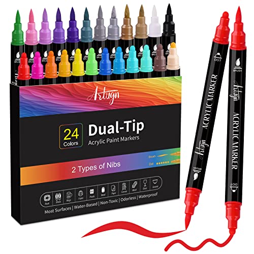 24 Colors Acrylic Paint Pens, Dual Tip Pens With Medium Tip and Brush Tip for Rock Painting, Ceramic, Wood, Plastic, Calligraphy, Scrapbooking, Brush Artugn