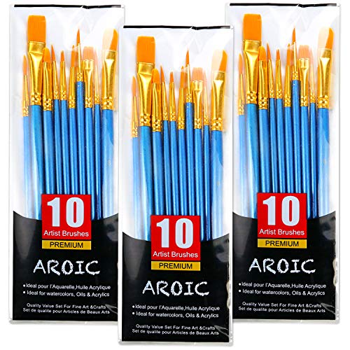 AROIC Paint Brushes, 3 Pack 30 Pcs Acrylic Paint Brushes Artist Paint Brushes for Oil Watercolor Acrylic Face Rock Painting AROIC