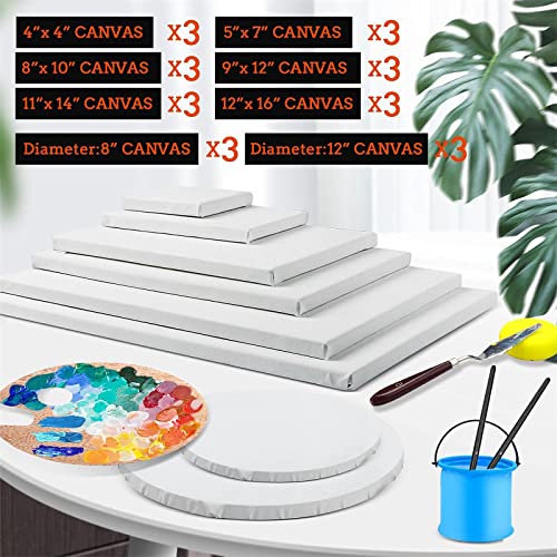 24 Pack Canvases for Painting with 4x4, 5x7, 8x10, 9x12, 11x14, 12x16, Round Canvas with 12x12, 8x8, 3 of Each, Painting Canvas for Oil & Acrylic ESRICH