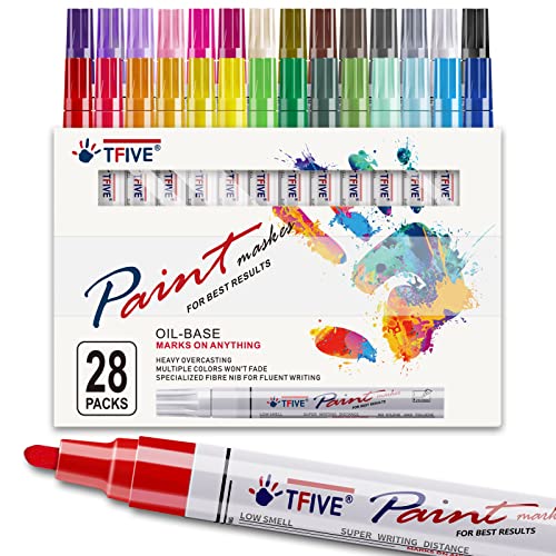 28 Color Paint Markers Pens Set, Oil-Based Permanent Paint Marker, Medium Tip, Quick Dry and Waterproof Paint Pen for Rock Painting, Ceramic, Wood, TFIVE