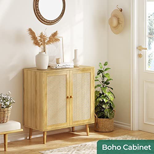 Huuger Buffet Cabinet with Storage, Storage Cabinet with PE Rattan Decor Doors, Accent Cabinet with Solid Wood Feet, Sideboard Cabinet for Hallway, Huuger