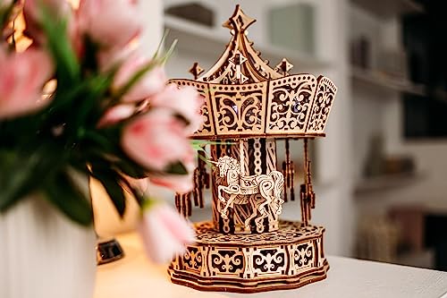 Wood Trick Parisian Carousel Wooden Music Box Kit - DIY 3D Puzzle for All Ages with Backlight Wood Trick