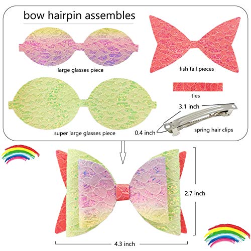 AOUXSEEM 10 Set Faux Leather Hair Bows DIY Making Kit for Beginner, Contains Pre Cut Pastel Lace Chunky Glitter Fabric and Silver Metal Spring Clips, AOUXSEEM