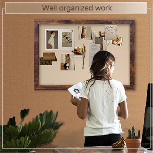 Marribol Large Magnetic Bulletin Board 36 x 24 Inch,Rustic Wood Framed Cork Board with Linen,Wall Mounted Notice Board with Pushpins for Home Office Marribol