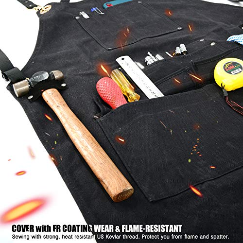 QeeLink Woodworking Shop Apron with 10 Pockets FR Waxed Canvas Work Apron - Flame Retardant - Adjustable M to XXXL for Men & Women, Black QeeLink