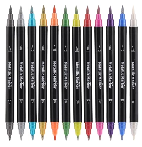 Colourcolor Metallic Marker Pens - Dual Tip Brush and Fine Point Pens for DIY Album, Black Cards, Rock Painting, Card Making, Scrapbooking, Fabric, Colourcolor