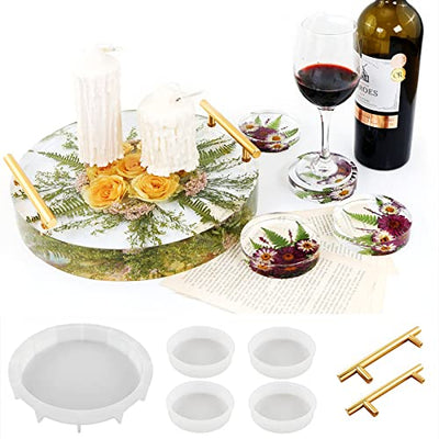 XXKJSZJQ Tray Molds for Epoxy Resin kit 13.5'' Deep Large Round Silicone Molds with 4pcs Coasters Resin Molds, Table Clock Mold DIY Flowers