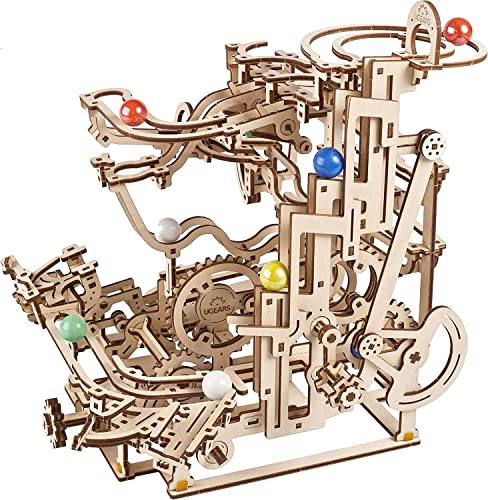 UGEARS Marble Run Tiered Hoist - Wooden Marble Run Kit with 10 Colored Marbles - 3D Puzzles for Adults and Kids - Amusement Park Wood Marble Track 3D UGEARS