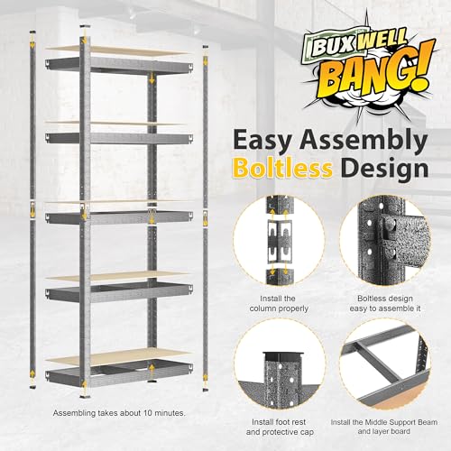 BuxWellBang 36" W x 16" D x 71" H Storage Shelves - 5 Tier Adjustable Garage Shelving Unit, Metal Standing Shelf Utility Rack Organization for BuxWellBang