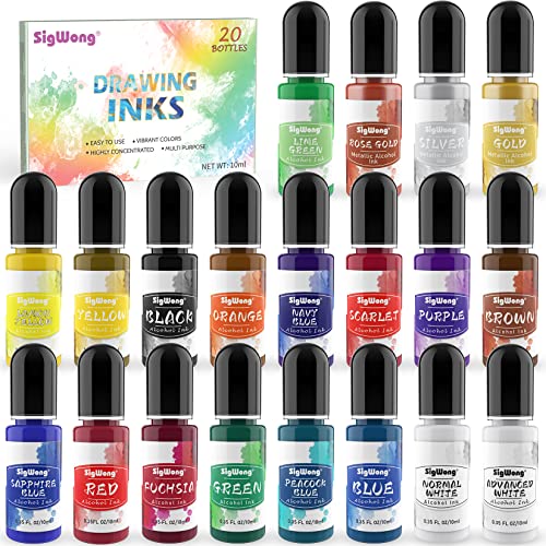Alcohol Ink Set - 20 Bottles Vibrant Colors High Concentrated Alcohol-Based Ink, Concentrated Epoxy Resin Paint Colour Dye Great for Resin Petri Sig Wong