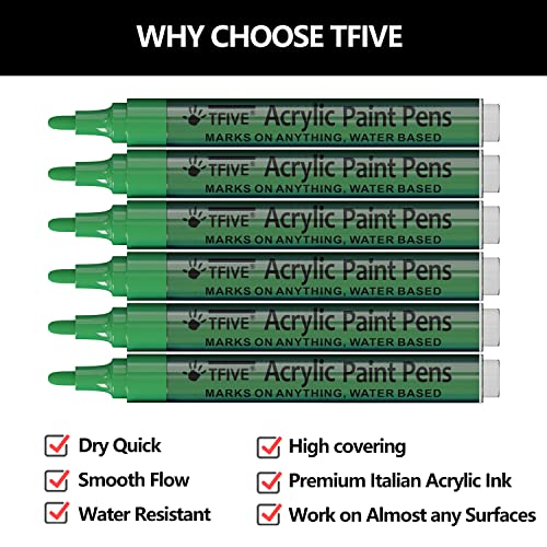 Green Acrylic Paint Marker Pens - 2-3mm Medium Tip, 6 Pack Permanent Green Water Based Paint Pen for DIY Projects, Paintings for Rock, Fabric, Wood, TFIVE