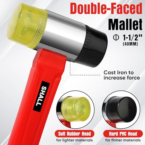 SHALL 2-Piece Rubber Mallet Hammer Set, 16oz Rubber Hammer Mallet & 40mm Double-Faced Soft Mallet, Shockproof Fiberglass Handle with Cushion Grip, SHALL