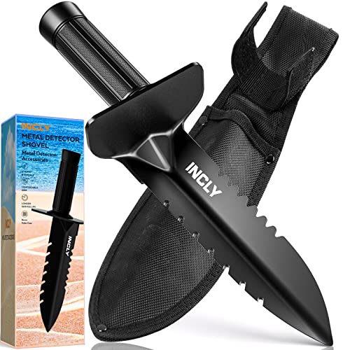 INCLY Metal Detector Shovel, Heavy Duty Double Serrated Edge Digger, Detecting Digging Tool with Sheath for Belt Mount, Gardening & Detecting INCLY