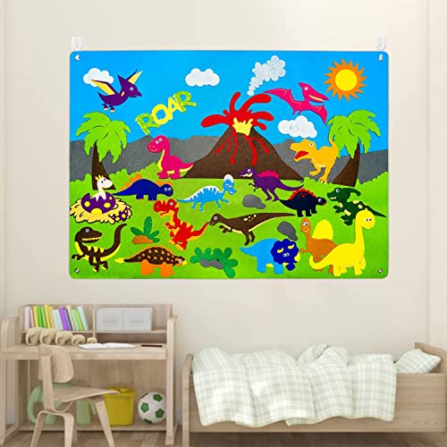 WATINC Dinosaur Felt-Board Stories Set 3.5Ft 37Pcs Preschool Dinosaurs Classification Storytelling Flannel Roar Volcano Ancient Animal Theme Early WATINC