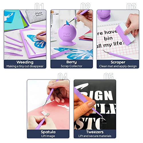 iVyne (8pcs) Premium Vinyl Weeding Tool Kit & Weeding Scrap Collector Soft Grip Tools with Berry, Weeder, Tweezers, Picker Or Hook, and Scraper Set iVyne