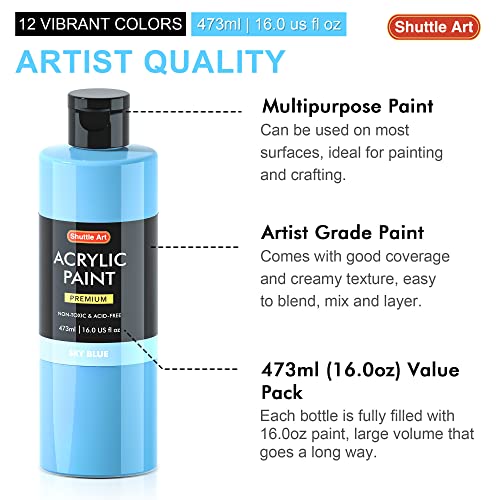 Shuttle Art Acrylic Paint, 12 Colors Acrylic Paint Large Bottle Set, 473ml/16oz Each, Rich Pigments, High Viscosity, Bulk Paint for Artists, Shuttle Art